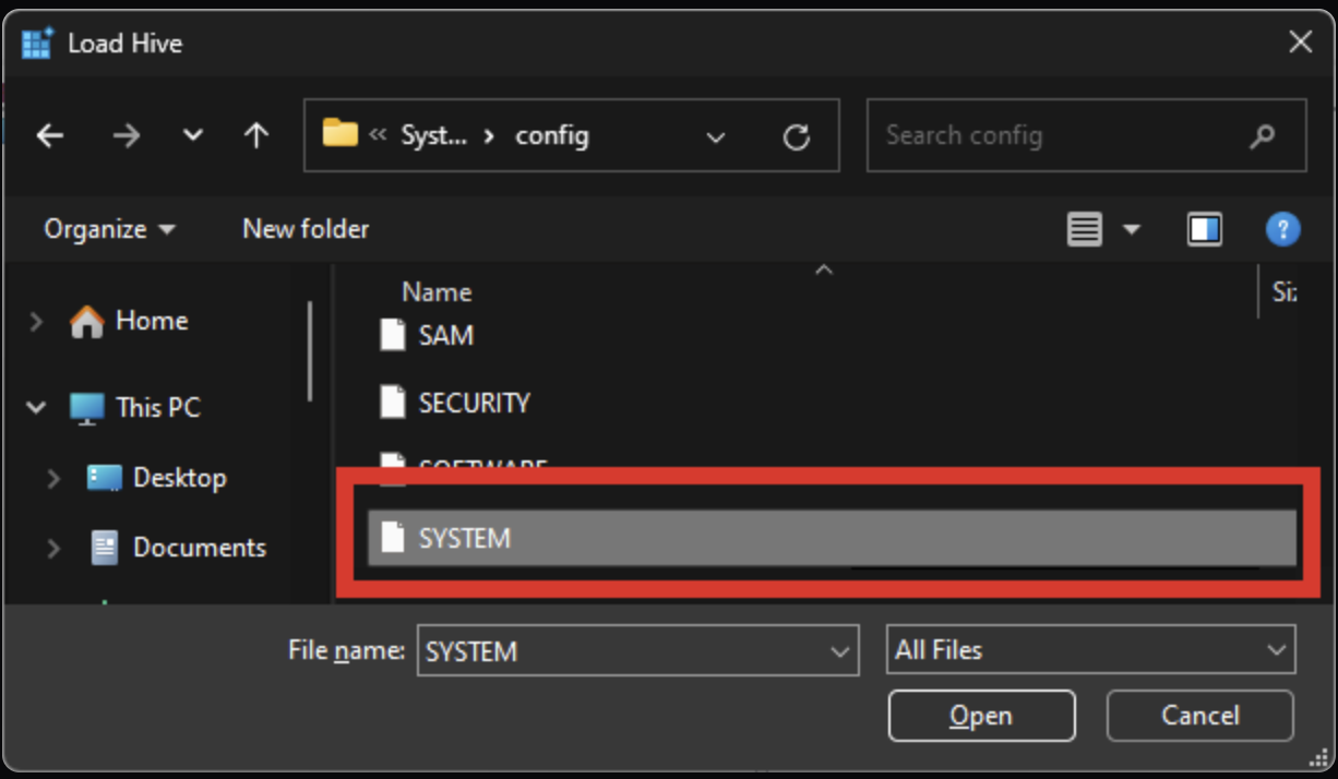 浏览到 config 目录选择 SYSTEM 文件