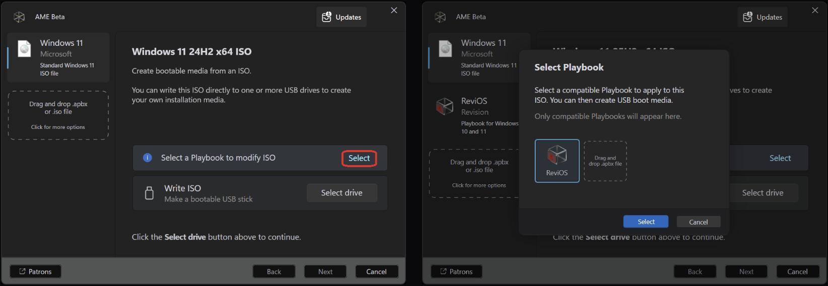 AME Beta 选择 Playbook 修改 ISO 的界面截图