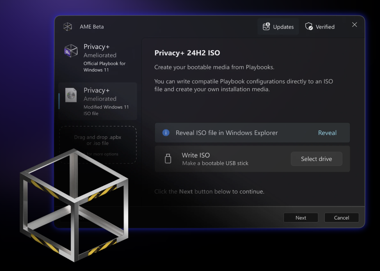 AME Beta 里 chinhaeOS Privacy+ playbook 创建可启动安装介质的界面