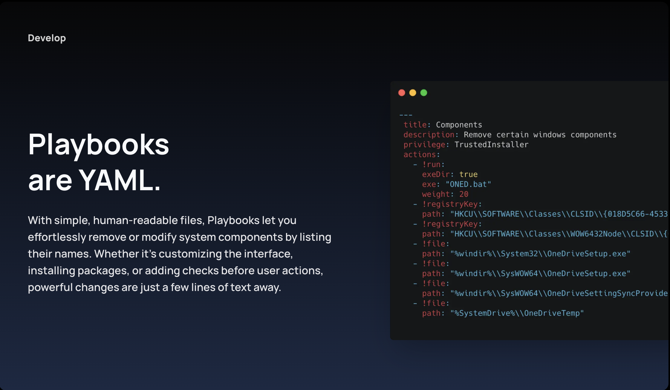 chinhaeOS playbook 的 YAML 配置：用文本列出要移除的 Windows 组件